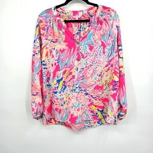 Lilly Pulitzer 100% Silk‎ Blouse Multicolor Print Size M